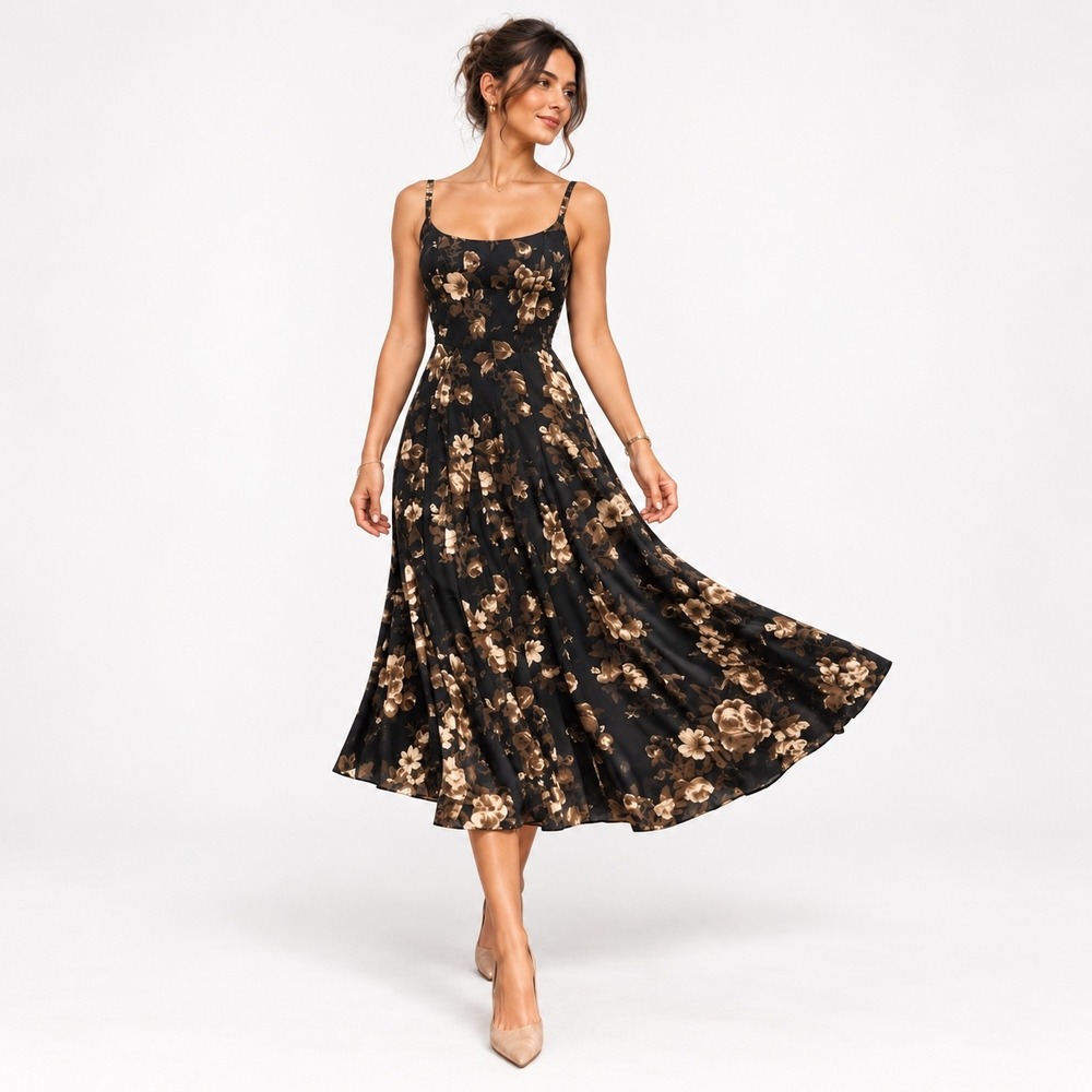 Reformation Katalina Floral Corset Midi Dress Black Brown Size 0